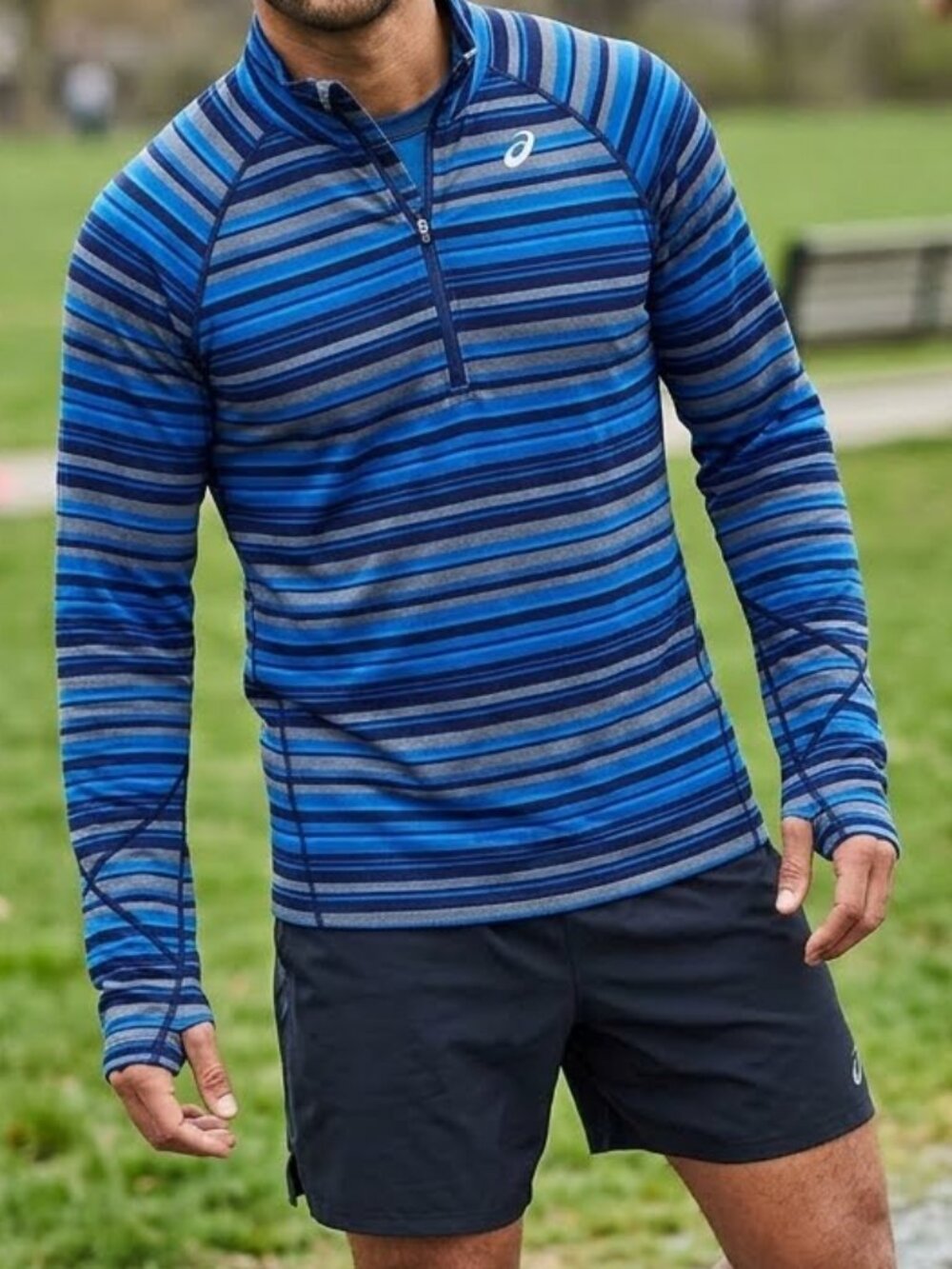 Asics Men's Activewear Pullover Top Size M  1/4 Zip Blue Stripped Athletic